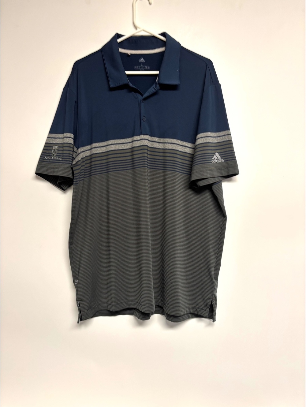 Adidas Men’s Large Stormbriar Golf Polo Navy Gray Striped Performance Shirt